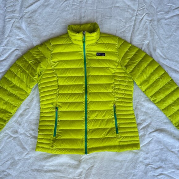 Patagonia Down Sweater Jacket/ Neon Green w Teal Lining / Women LG / LIKE NEW! - Picture 1 of 13